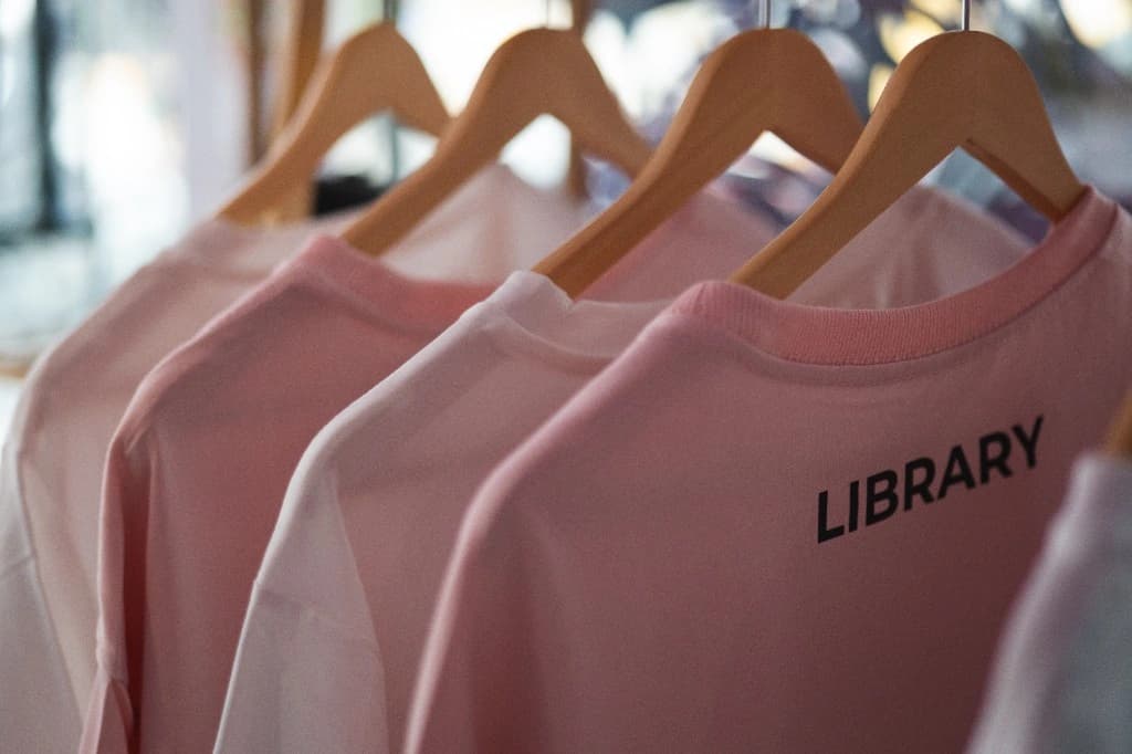Library branded T-shirts on wooden hangers